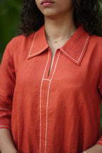Linen Thread work Rust A-line collard dress