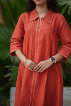 Linen Thread work Rust A-line collard dress