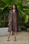Linen Thread work Chocolate Brown A-line collar dress