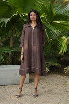 Linen Thread work Chocolate Brown A-line collar dress