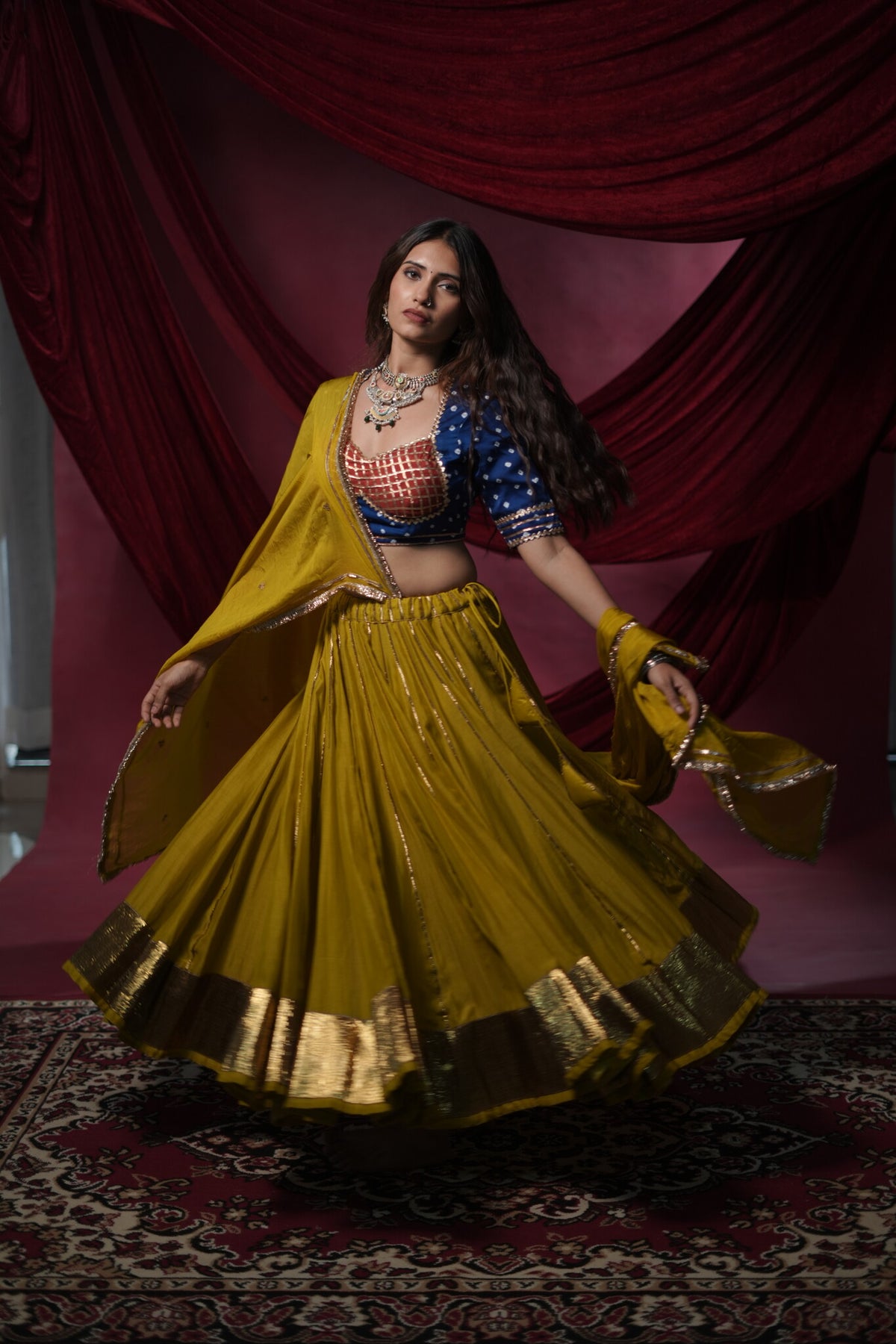 Kesariya Bandhani Silk Blouse with Blue & Rust Contrast for Chaniya Choli