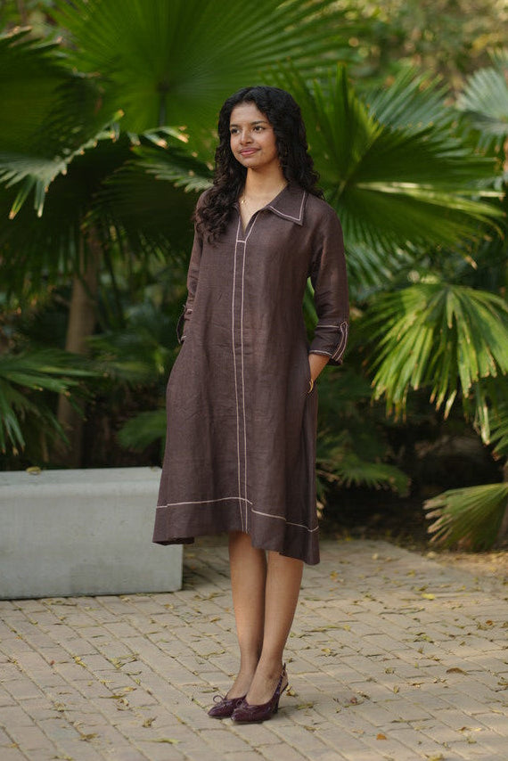 Linen Thread work Chocolate Brown A-line collar dress