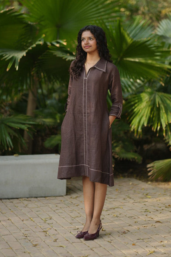 Linen Thread work Chocolate Brown A-line collar dress