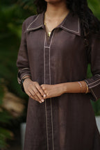 Linen Thread work Chocolate Brown A-line collar dress