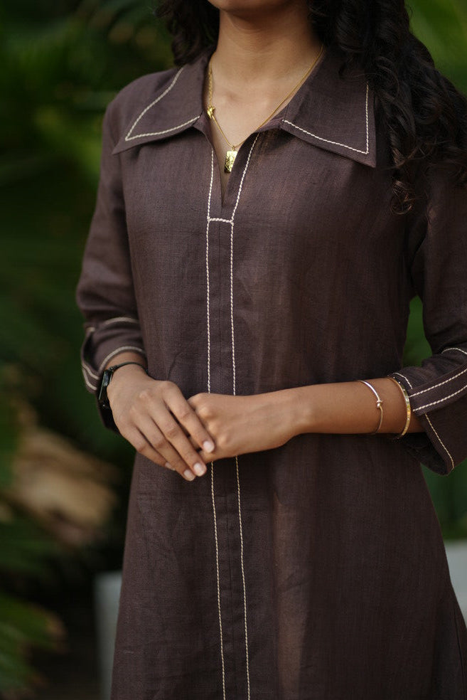 Linen Thread work Chocolate Brown A-line collar dress