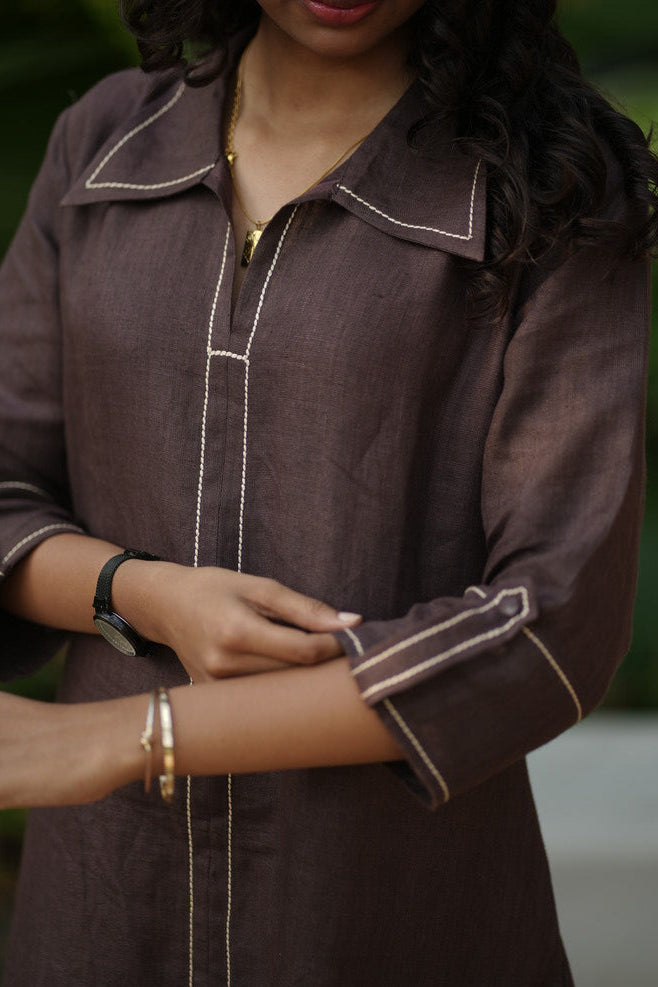 Linen Thread work Chocolate Brown A-line collar dress
