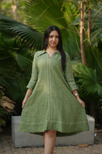 Linen Thread work Olive Green A-line collard dress