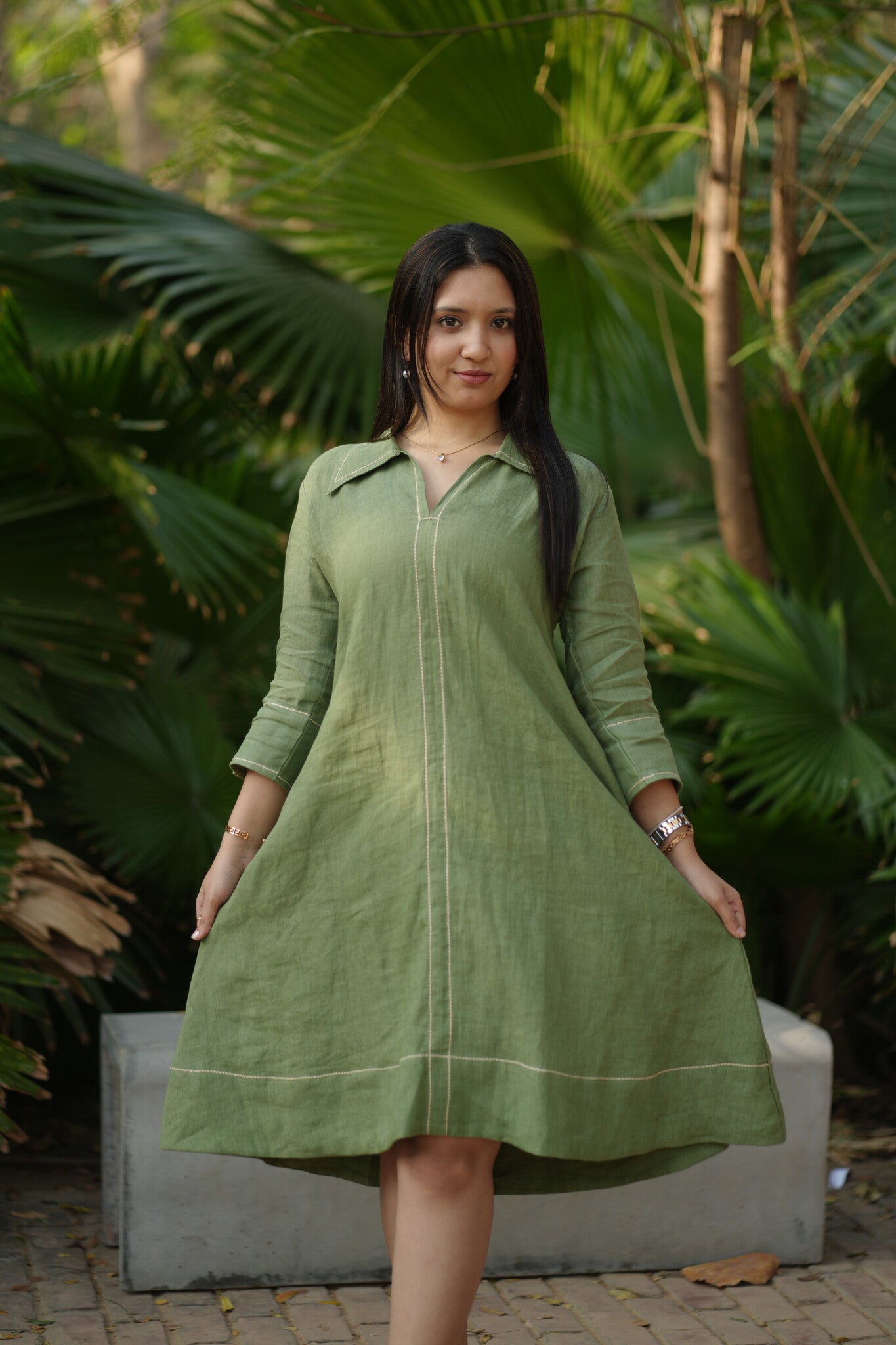 Linen Thread work Olive Green A-line collard dress