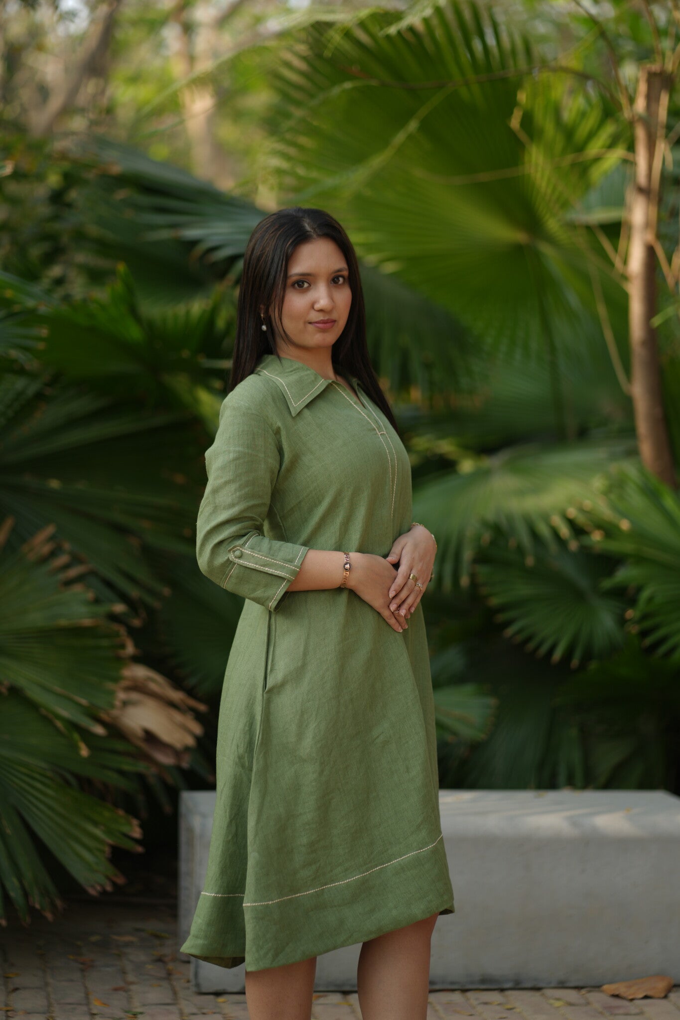Linen Thread work Olive Green A-line collard dress