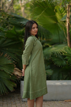 Linen Thread work Olive Green A-line collard dress
