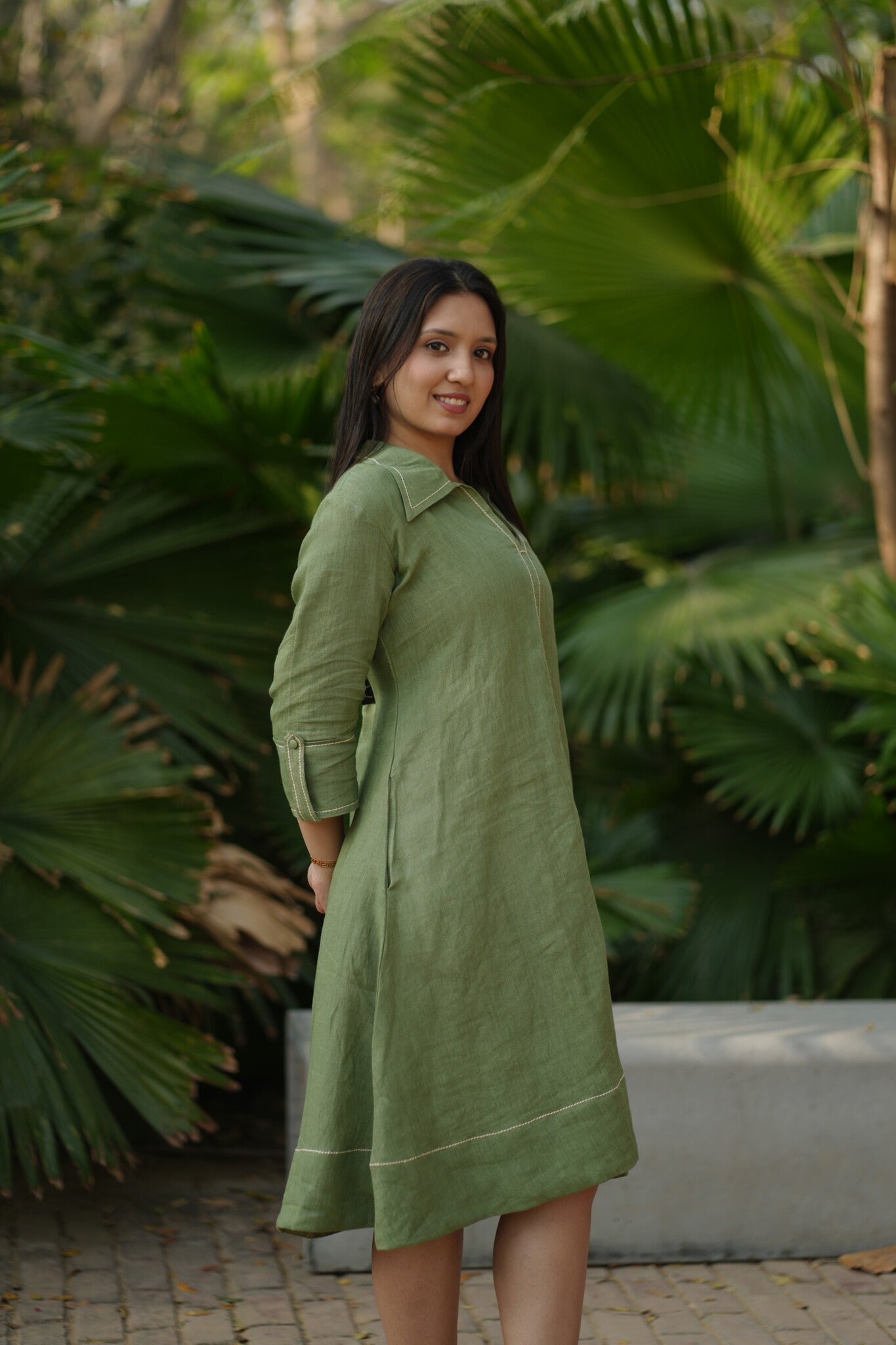 Linen Thread work Olive Green A-line collard dress
