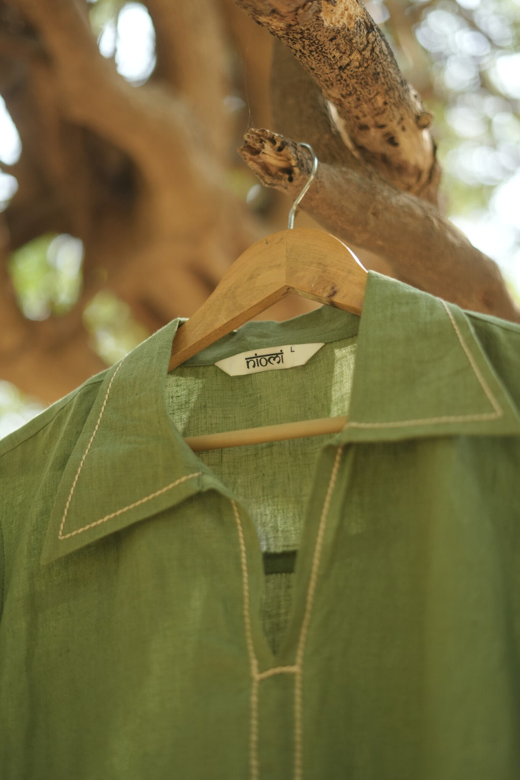 Linen Thread work Olive Green A-line collard dress