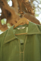 Linen Thread work Olive Green A-line collard dress