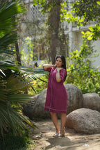 Linen Thread Magenta Round neck shift dress