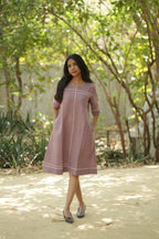 Linen Thread Grape Wine Round neck shift dress