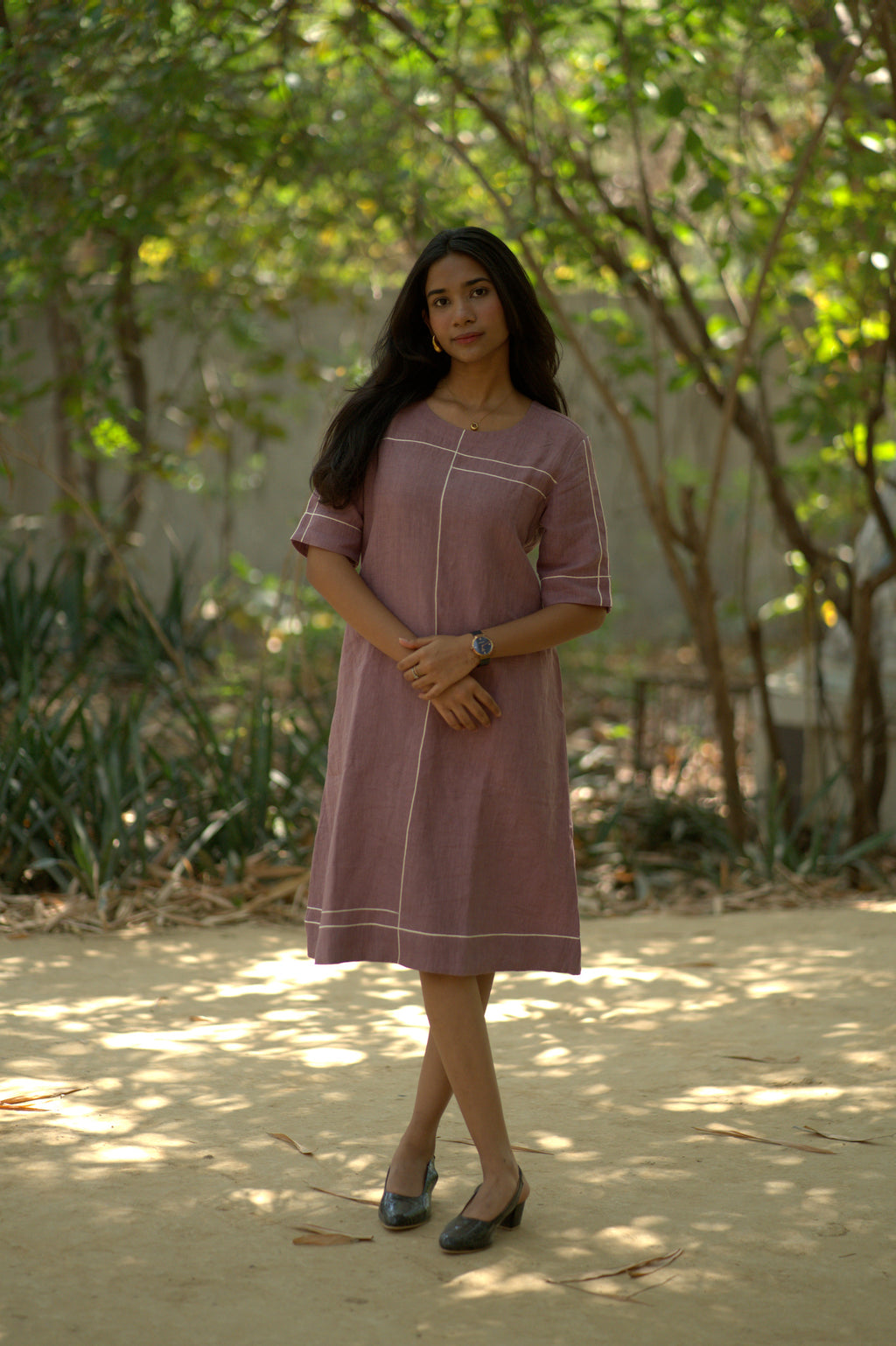 Linen Thread Grape Wine Round neck shift dress