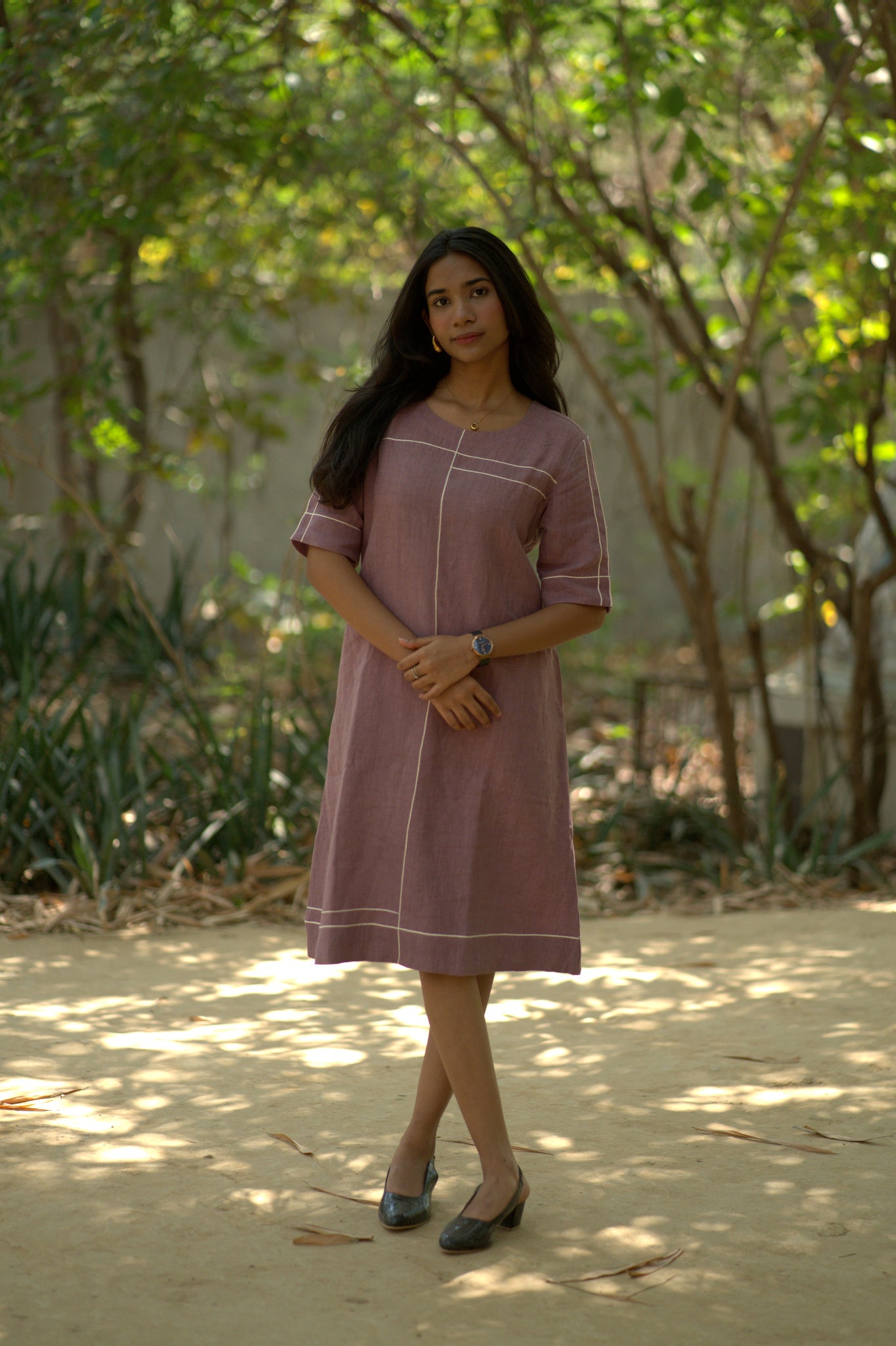 Linen Thread Grape Wine Round neck shift dress