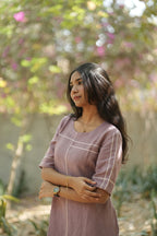 Linen Thread Grape Wine Round neck shift dress