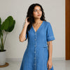 Linen Thread Denim Blue V-neck button down dress