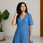 Linen Thread Denim Blue V-neck button down dress