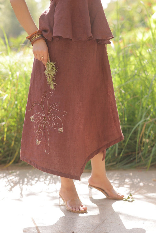Linen khat work Mocha Brown top & skirt