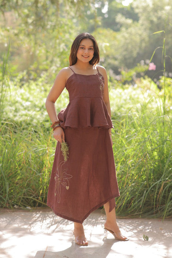Linen khat work Mocha Brown top & skirt