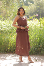 Linen khat work Mocha Brown top & skirt