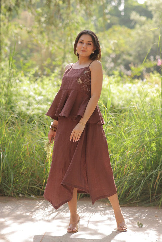 Linen khat work Mocha Brown top & skirt