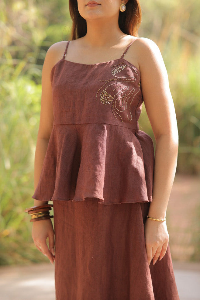 Linen khat work Mocha Brown top & skirt