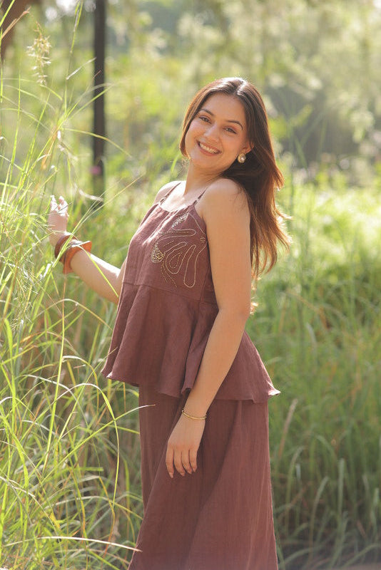 Linen khat work Mocha Brown top & skirt