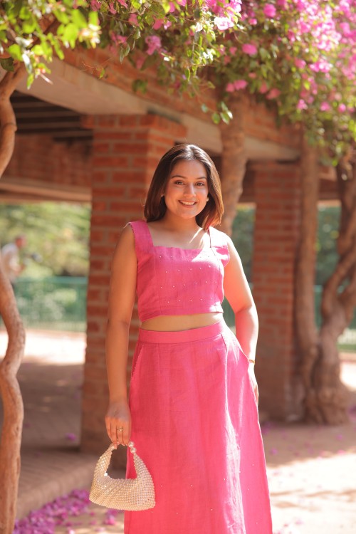 Linen Pearl Work Baby Pink Skirt and Top