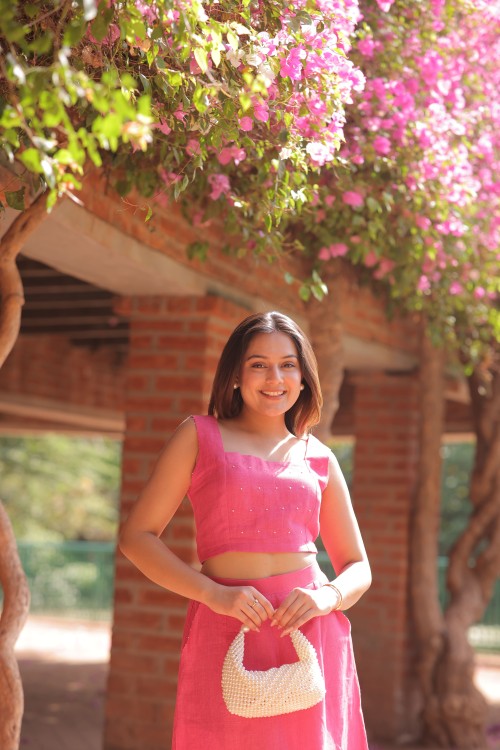 Linen Pearl Work Baby Pink Skirt and Top