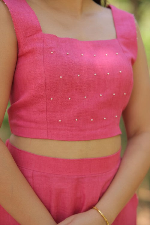 Linen Pearl Work Baby Pink Skirt and Top