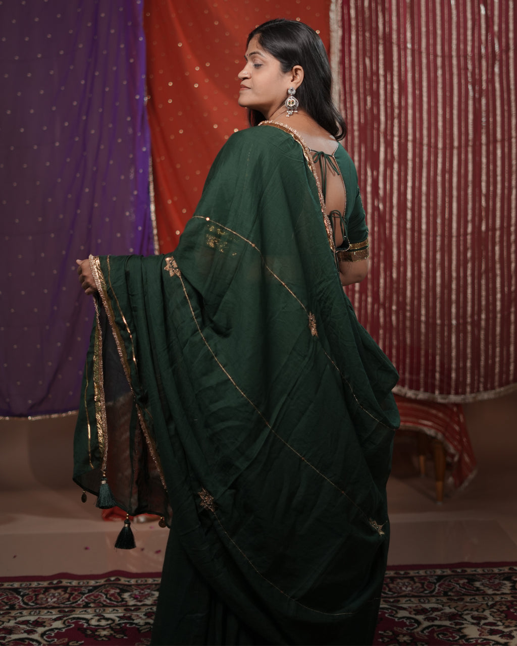 Madhubala Green Mul-Cotton Khat-Work Madhubala Style Blouse for Choli