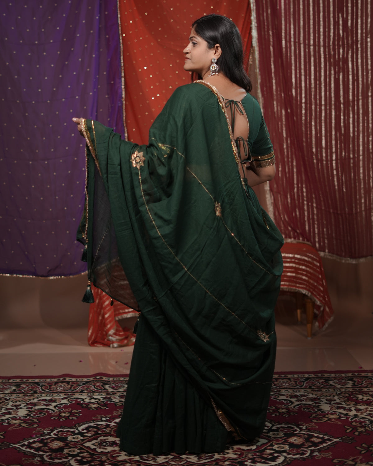 Madhubala Green Mul-Cotton Khat-Work Lace & Tassel Dupatta for Ghaghra Choli