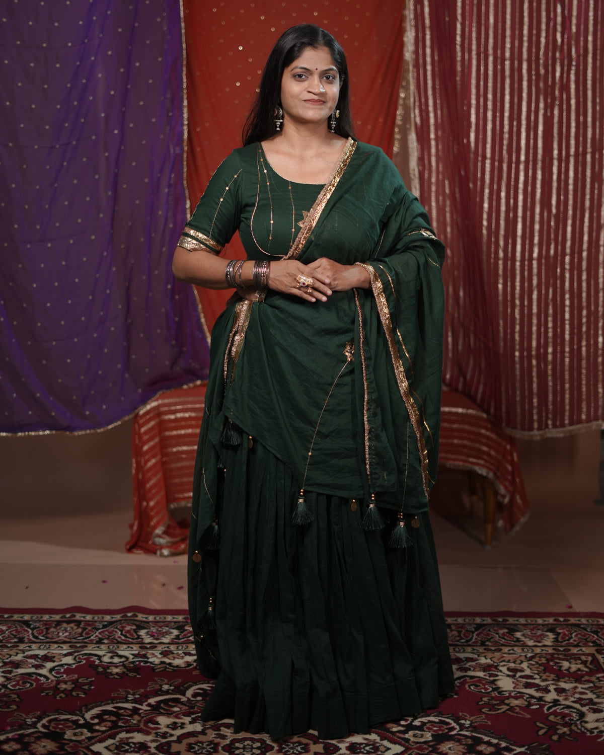 Madhubala Green Mul-Cotton Khat-Work Lace & Tassel Dupatta for Ghaghra Choli