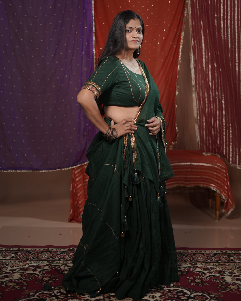 Madhubala Green Mul-Cotton 15 Metre Flared Khat-Work Lehenga for Chaniya Choli