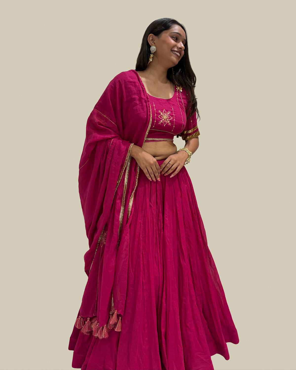 Madhubala Pink Mul-Cotton 15 Metre Flared Khat-Work Lehenga for Ghaghra Choli