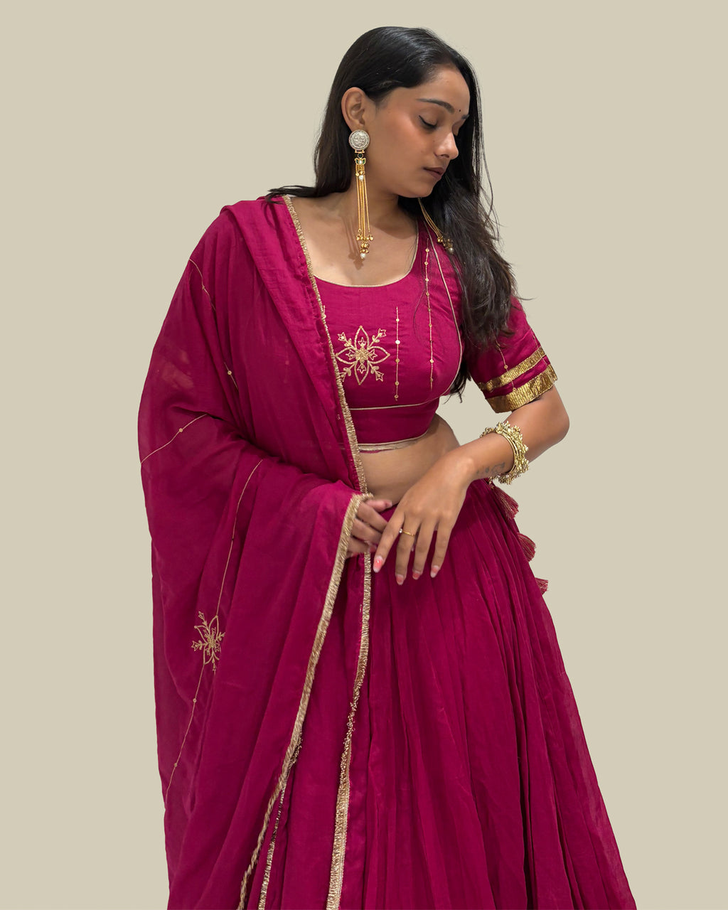Madhubala Pink Mul-Cotton Khat-Work Lace & Tassel Dupatta for Choli