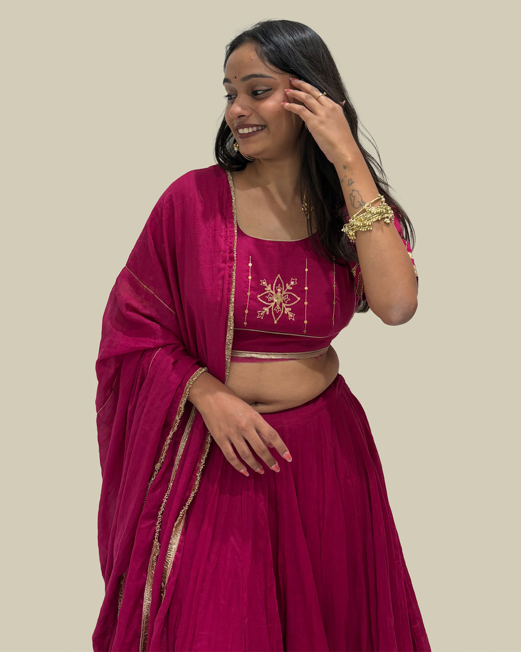 Madhubala Pink Mul-Cotton Khat-Work Madhubala Style Blouse for Chaniya Choli