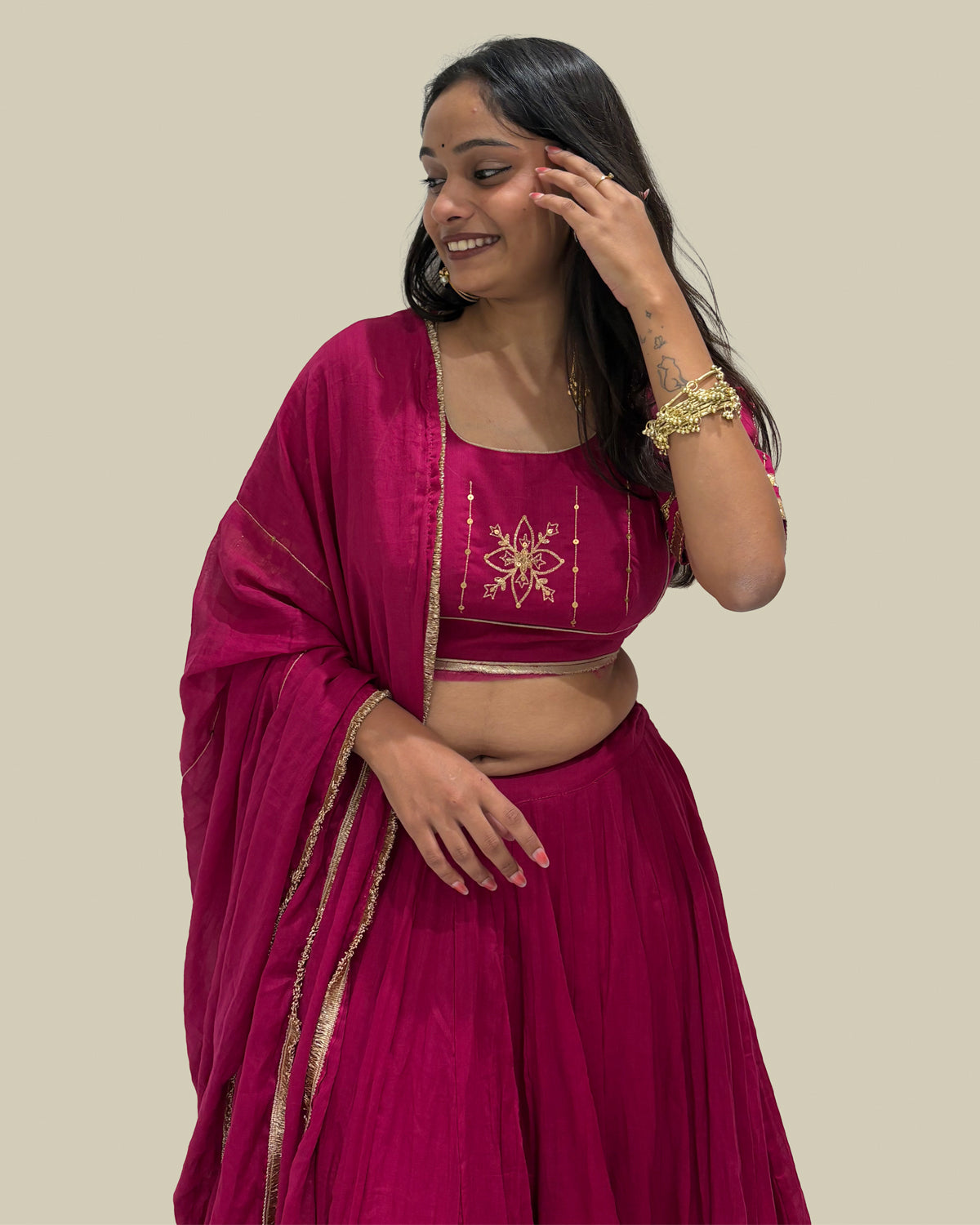 Madhubala Pink Mul-Cotton Khat-Work Madhubala Style Blouse for Chaniya Choli