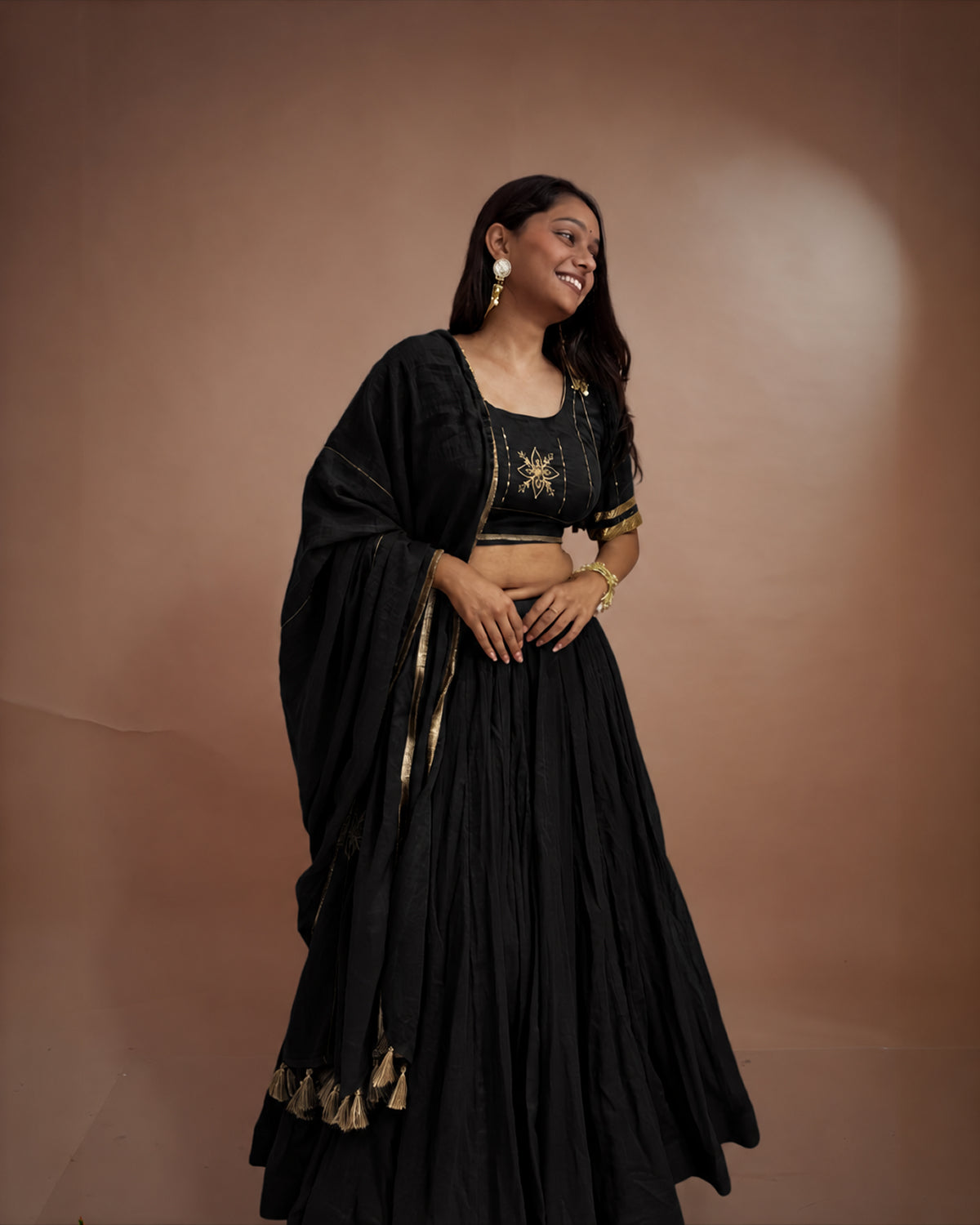 Madhubala Black Mul-Cotton 15 Metre Flared Khat-Work Lehenga for Choli