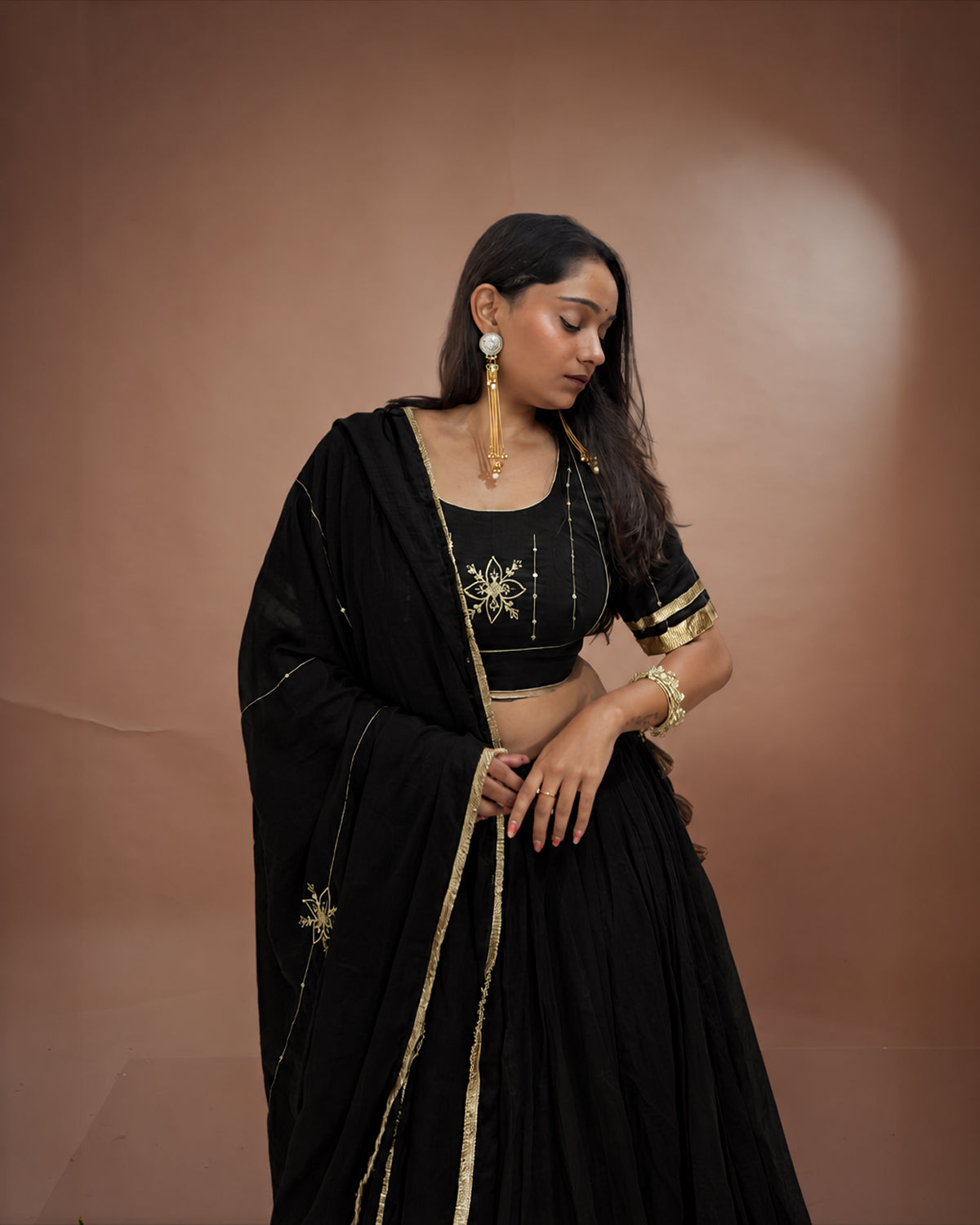 Madhubala Black Mul-Cotton Khat-Work Lace & Tassel Dupatta for Ghaghra Choli