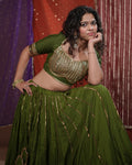 Mastani Green Muslin Silk Khat-Work Madhubala Style Blouse for Chaniya Choli