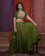 Mastani Green Muslin Silk 15 Metre Flared Khat-Work Lehenga for Ghaghra Choli