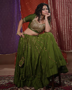 Mastani Green Muslin Silk 15 Metre Flared Khat-Work Lehenga for Ghaghra Choli