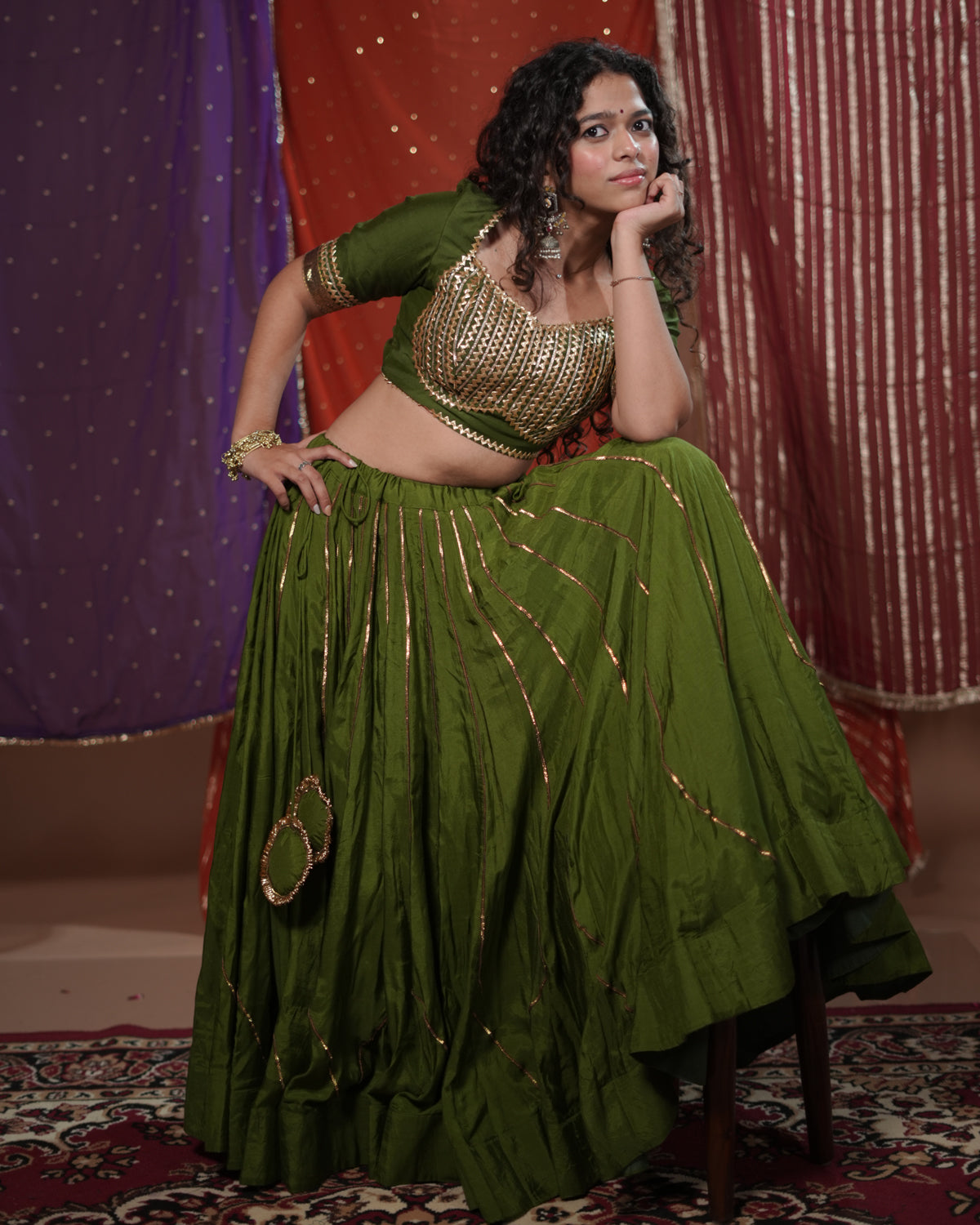 Mastani Green Muslin Silk 15 Metre Flared Khat-Work Lehenga for Ghaghra Choli