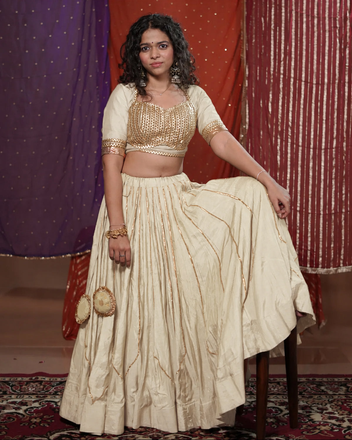 Mastani White Muslin Silk 15 Metre Flared Khat-Work Lehenga for Chaniya Choli