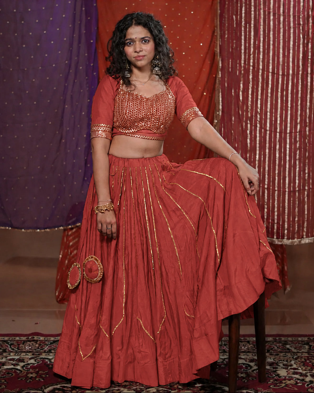 Mastani Rust Muslin Silk 15 Metre Flared Khat-Work Lehenga for Ghaghra Choli