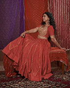 Mastani Rust Muslin Silk 15 Metre Flared Khat-Work Lehenga for Ghaghra Choli